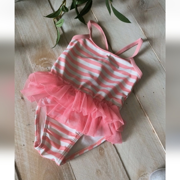 Baby Girls Pink White Striped Ruffle One Piece Bathing Suit Size 6-9 Months - Picture 2 of 3